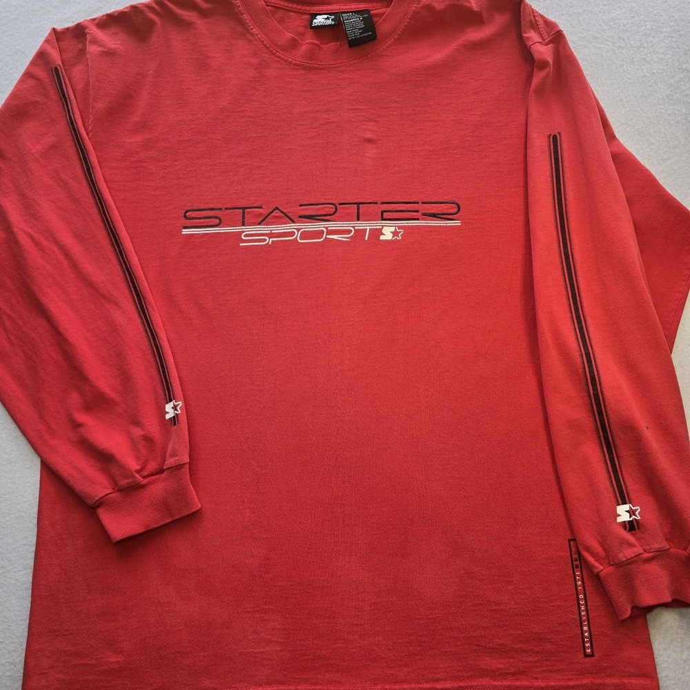 Vintage 90s STARTER Long Sleeve Shirt Mens L Red Spell Out Graphic Striped Y2K